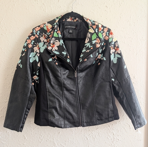 Colleen Lopez Jackets & Blazers - NWOT Colleen Lopez Black Faux Leather Jacket with Floral Embroidery